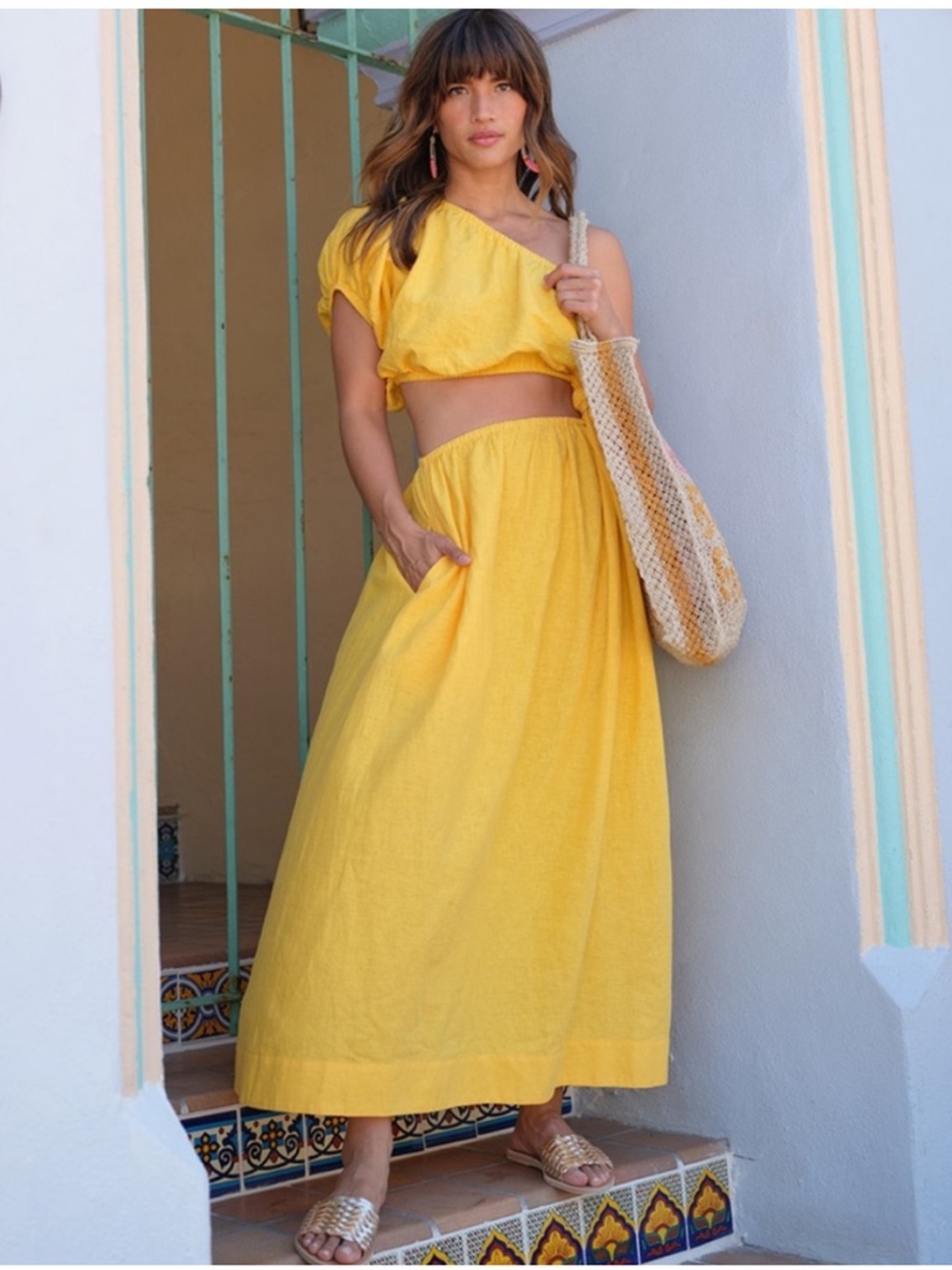 Farm Rio Yellow Open Waist On Shoulder Puff Sleeve Cut Out Maxi Dress Size Small